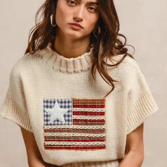 BiBi American Flag Patchwork Drop Shoulder‎ Sweater - Picture 4 of 15